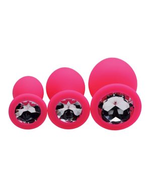 PINK PLEASURE 3 PIECE SILICONE ANAL PLUGS WITH GEMS - 4 INCH